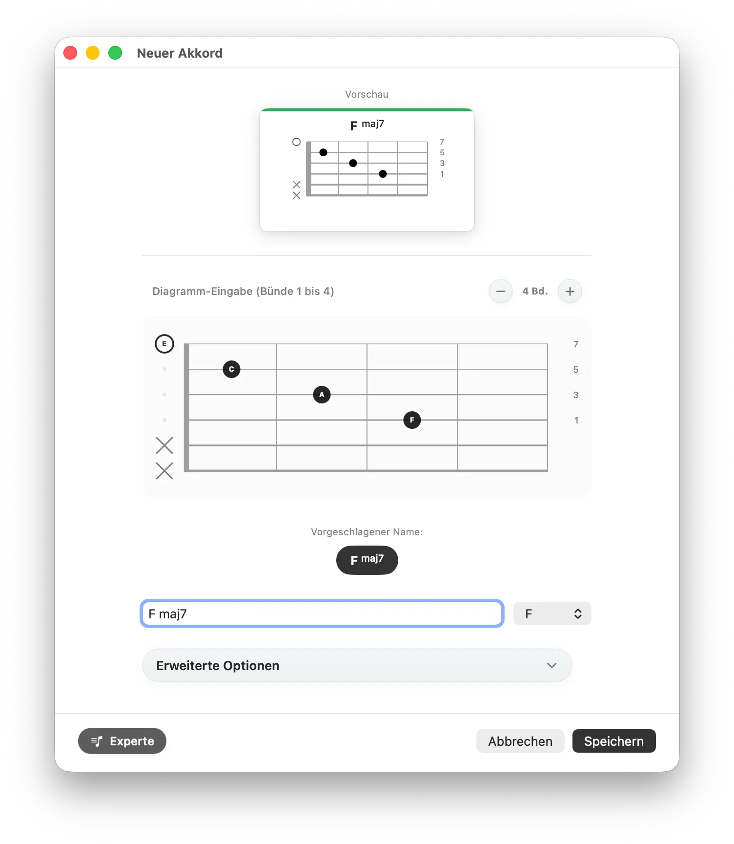 Fenster zum Hinzufügen eines Akkords mit erkanntem Fmaj7 und Namensvorschlag.