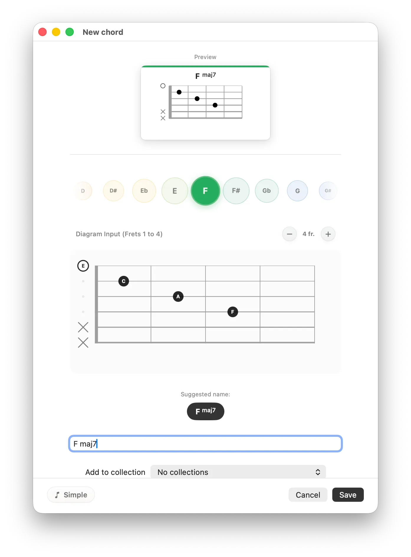 New chord window with a recognized Fmaj7 chord and suggested name