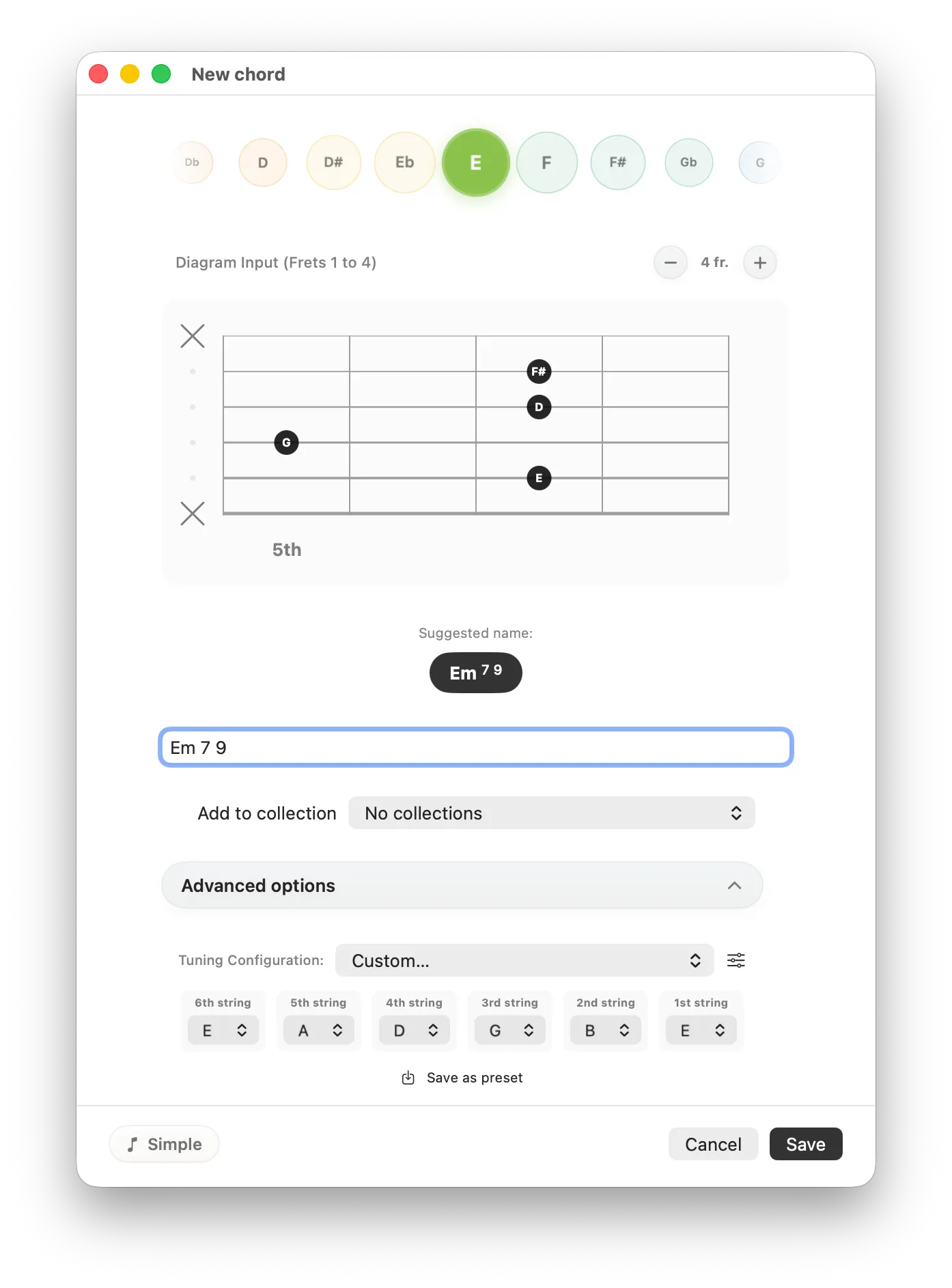 Advanced chord entry options with custom tuning and starting fret for an Em chord