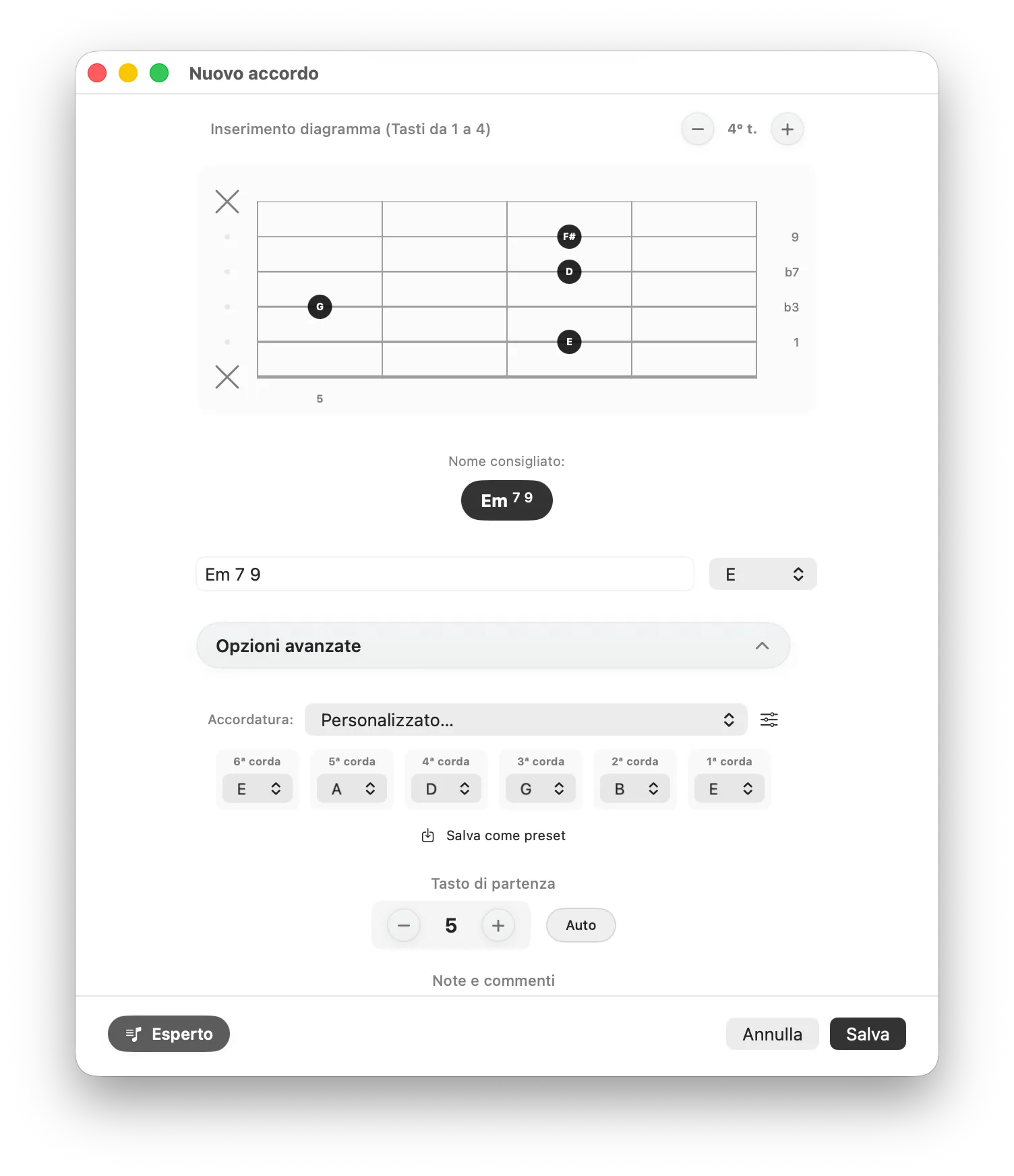 Opzioni avanzate per aggiungere un accordo, con accordatura personalizzata e tasto di partenza per un accordo di Em.
