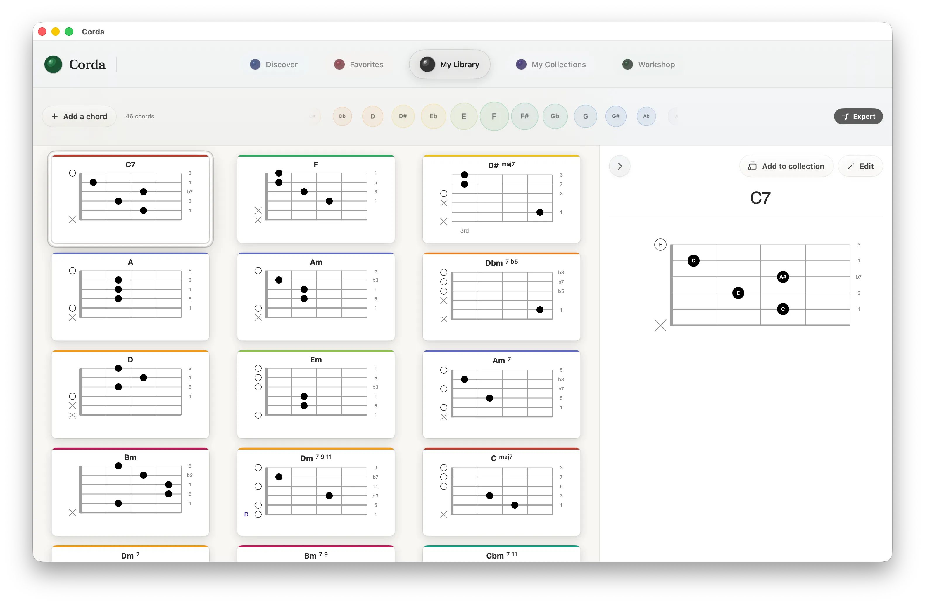 Corda interface analyzing harmonic functions and chord structures