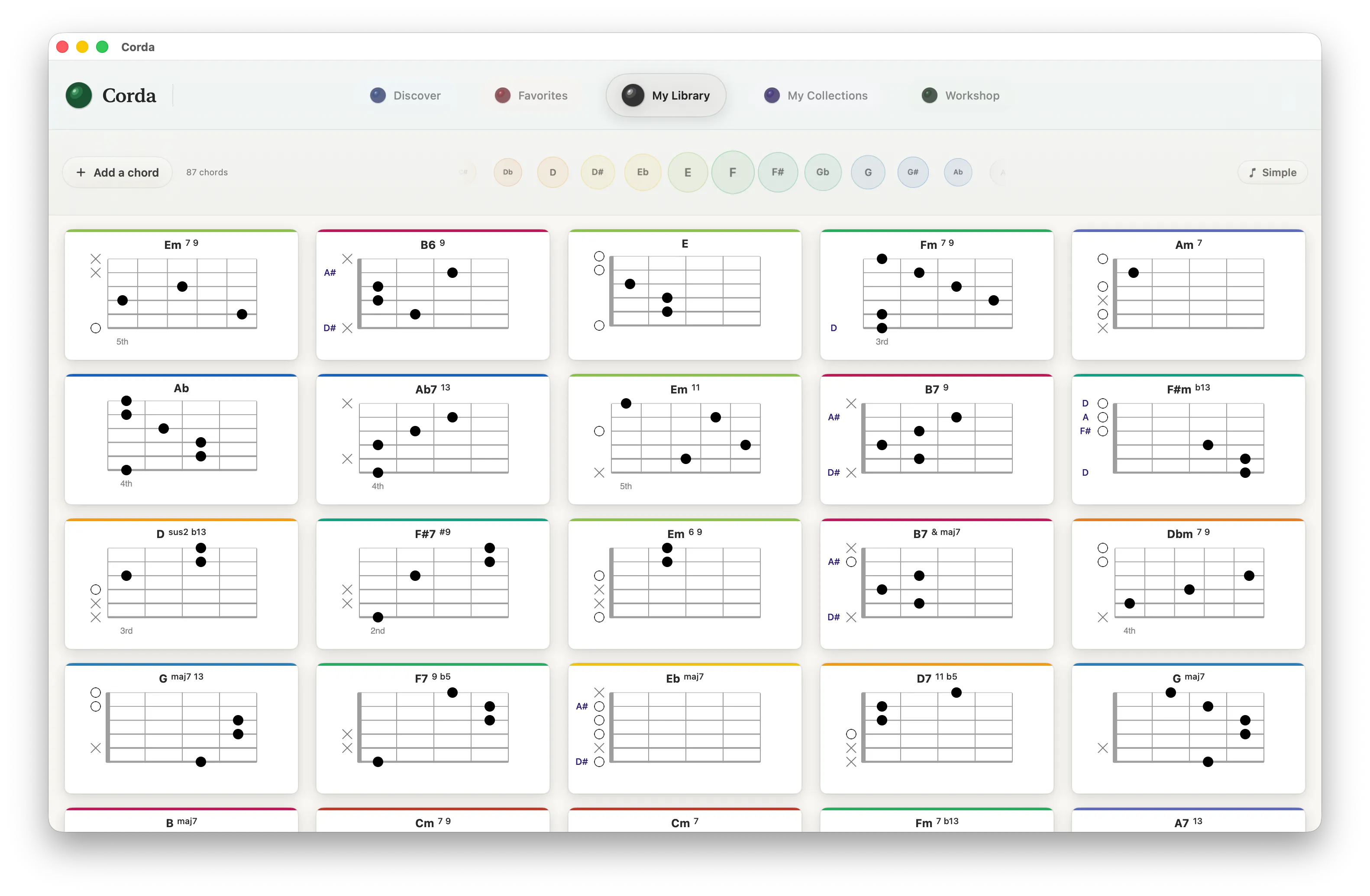 Corda chord library interface showing saved chords and collections